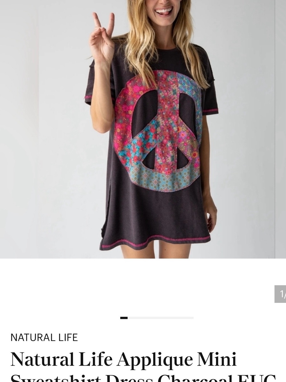 NATURAL LIFE Charcoal Dress with Pink & Teal Floral Peace Sign